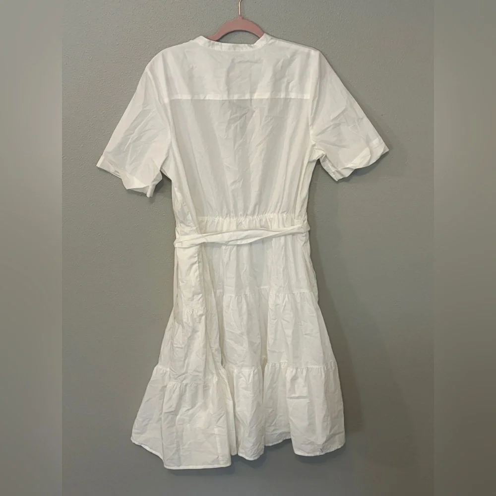 White cotton belted tiered midi vacation sundress short sleeve casual resortwear - Picture 3 of 6